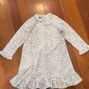 Girls Floral Ruffle Hem Long Sleeve Dress - White with Pink & Blue Flowers
